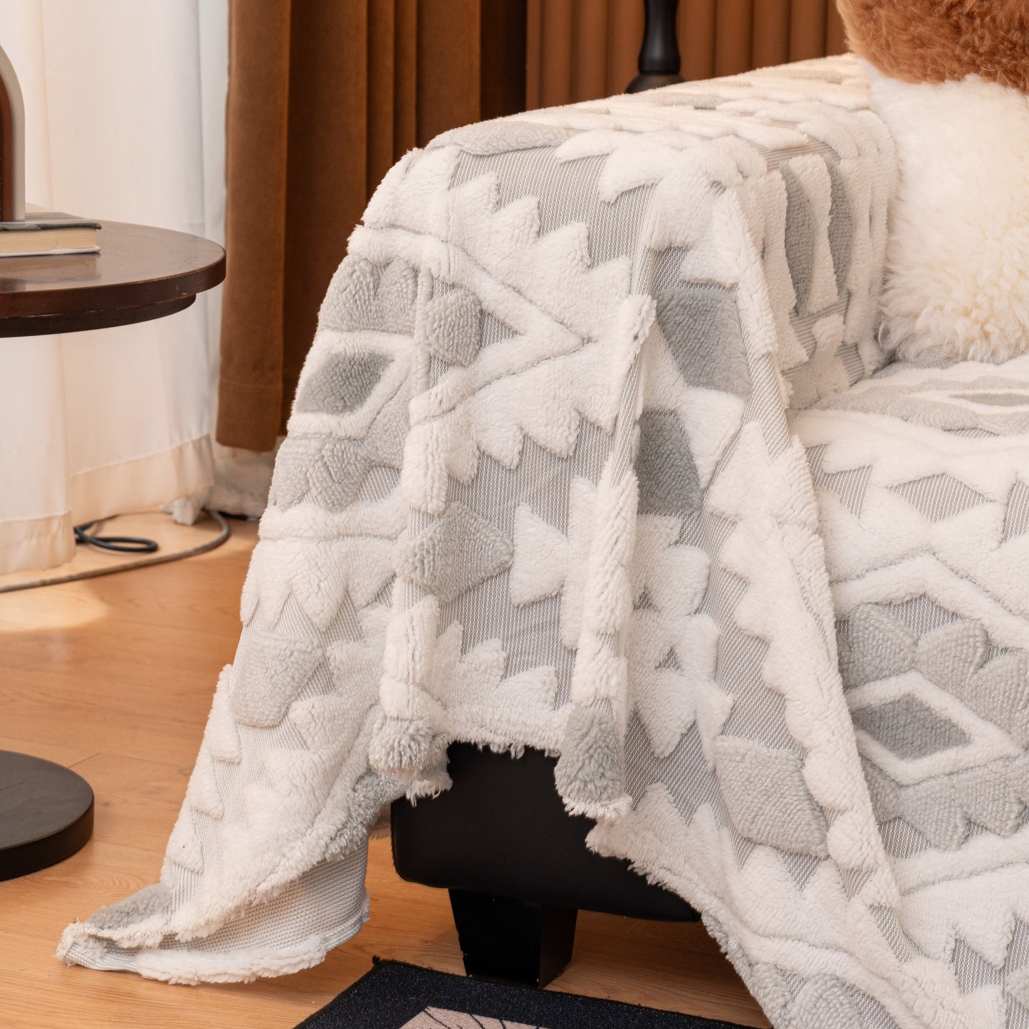 Bohemian Tufted Sofa Cover, Soft Sherpa Fleece Throw Blanket with 3D Aztec Geometric