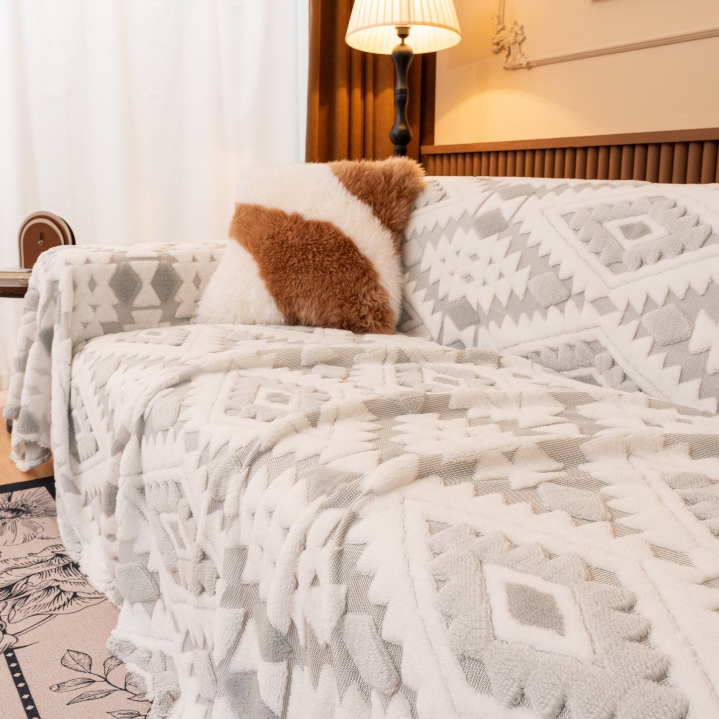 Bohemian Tufted Sofa Cover, Soft Sherpa Fleece Throw Blanket with 3D Aztec Geometric