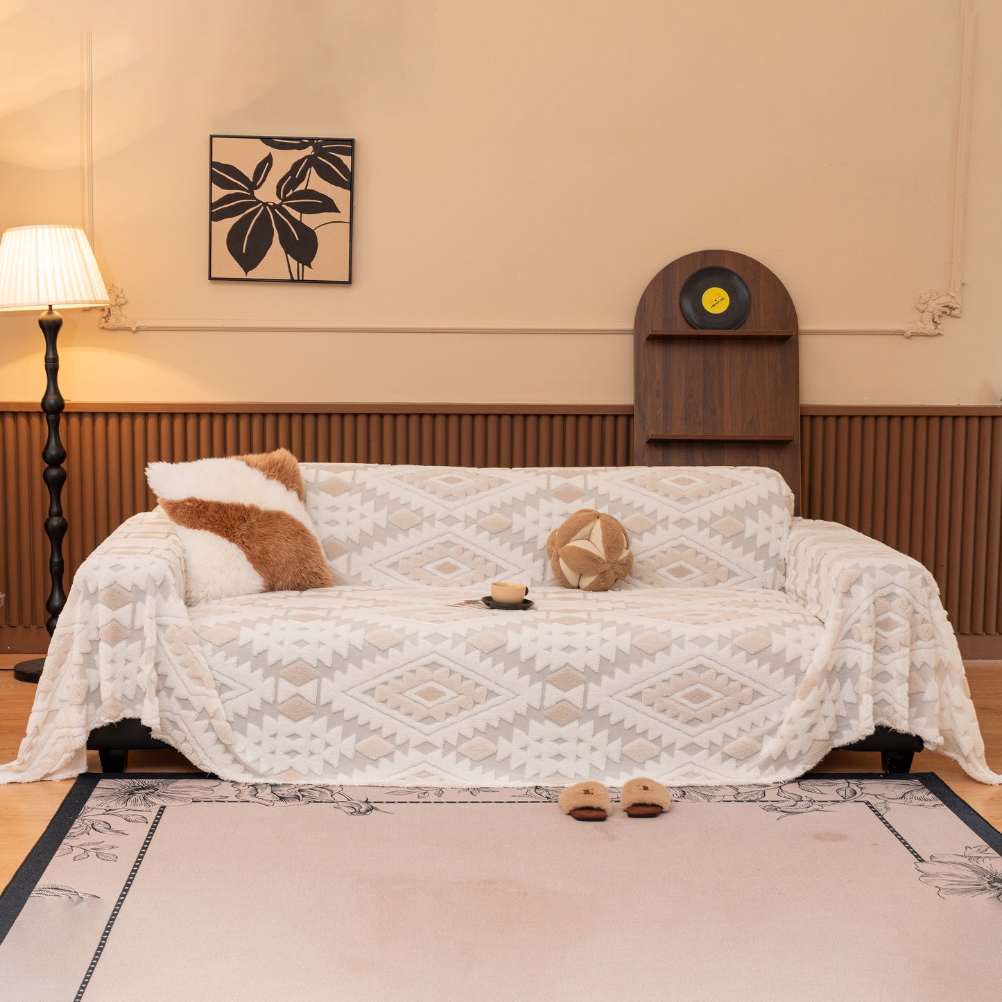 Bohemian Tufted Sofa Cover, Soft Sherpa Fleece Throw Blanket with 3D Aztec Geometric