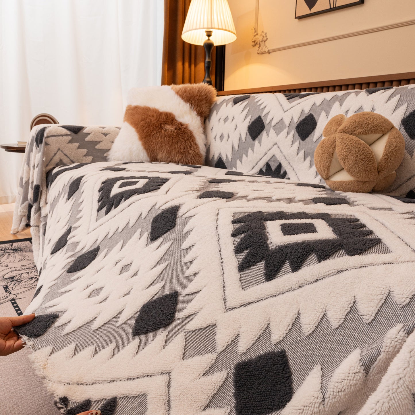 Bohemian Tufted Sofa Cover, Soft Sherpa Fleece Throw Blanket with 3D Aztec Geometric