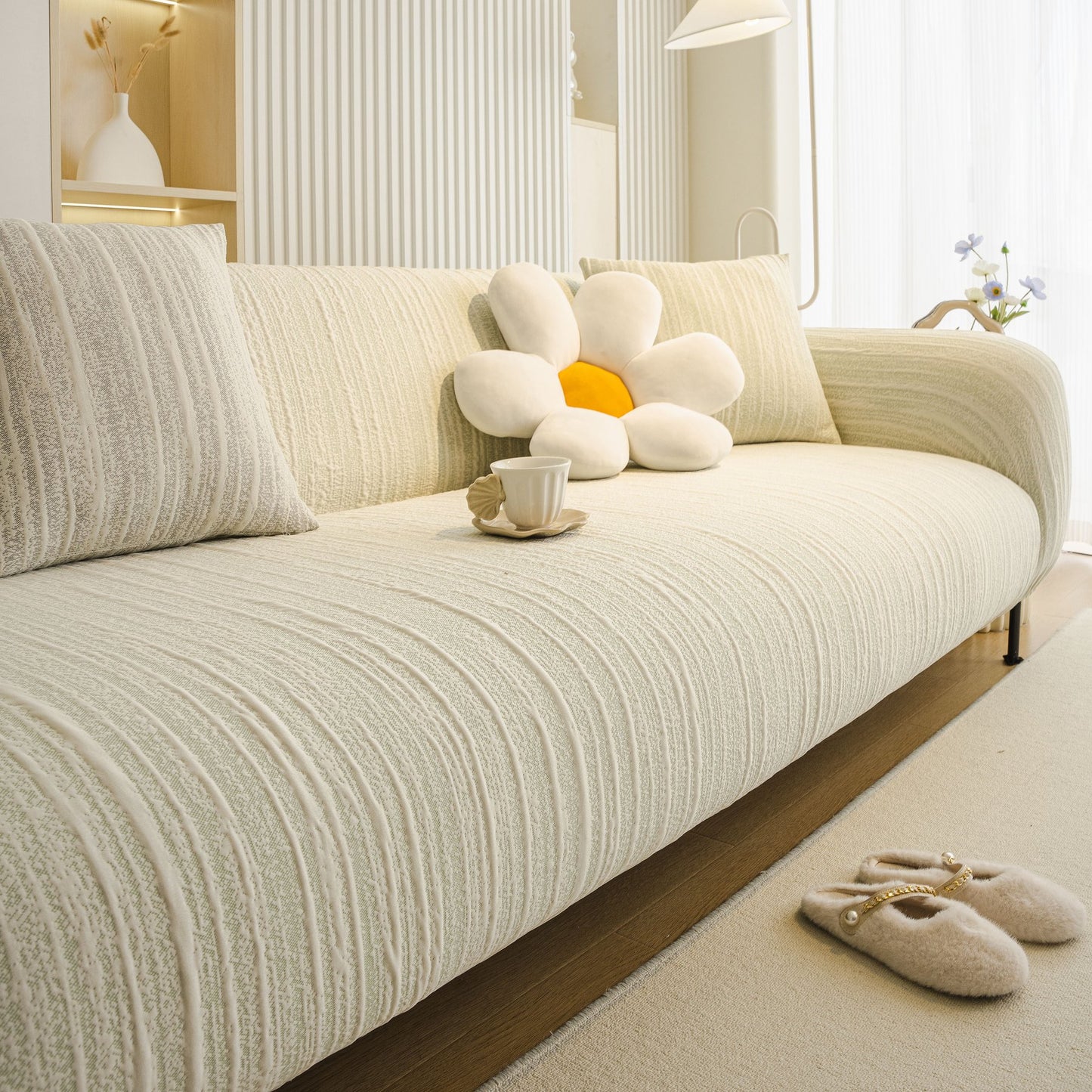Ribbed Washable Sofa Cover, High Stretch Striped Couch Slipcover with Tie Straps