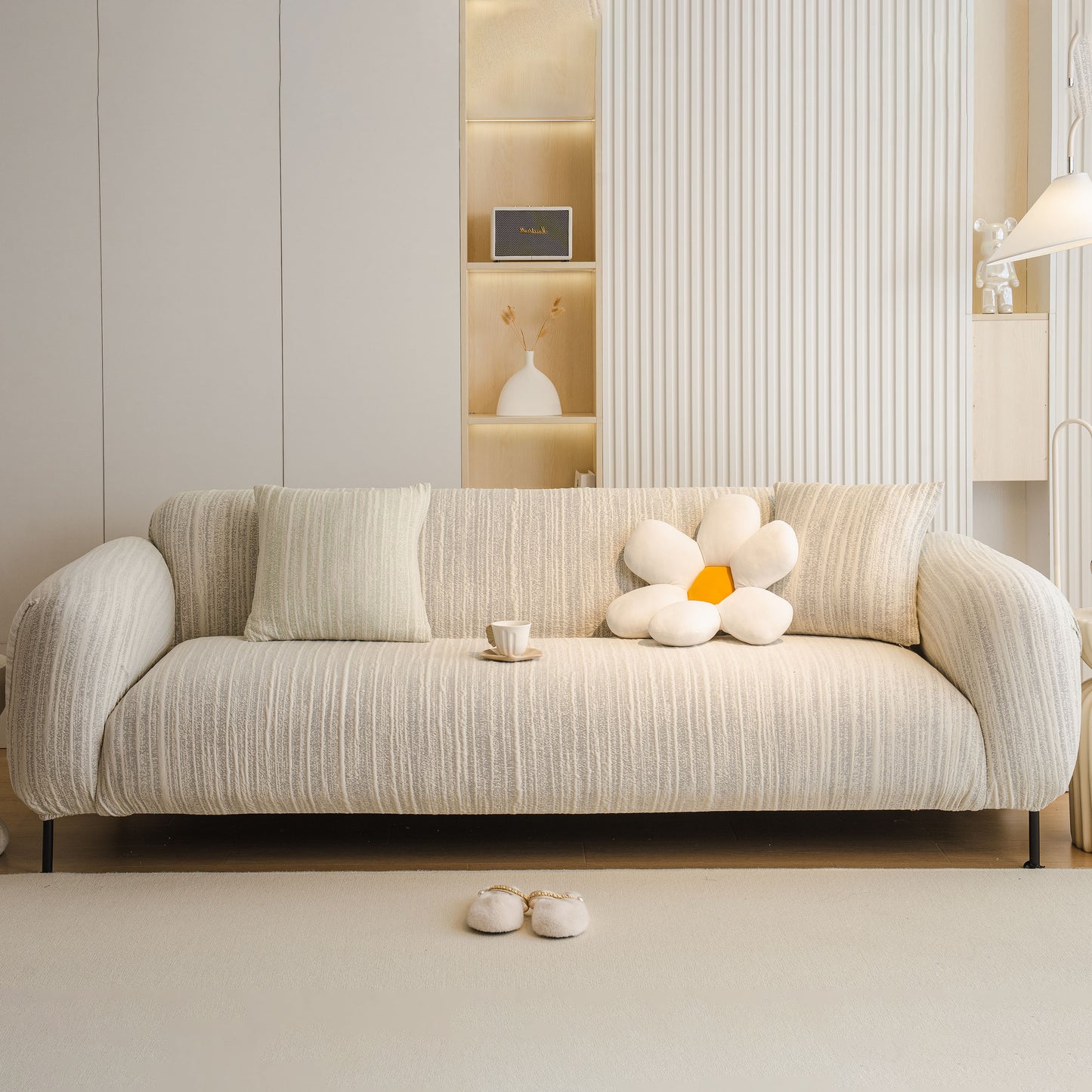 Ribbed Washable Sofa Cover, High Stretch Striped Couch Slipcover with Tie Straps