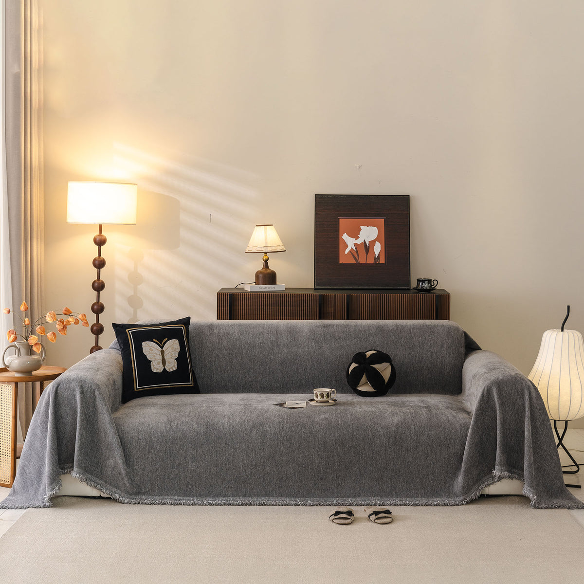 Solid Color Chenille Sofa Throw Cover, Soft Textured Sofa Cover for Sectional L Shape