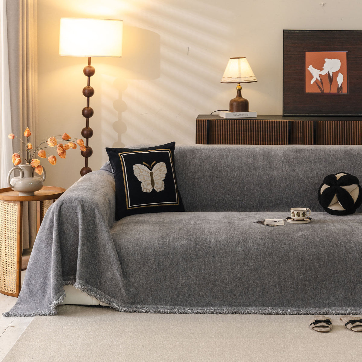 Solid Color Chenille Sofa Throw Cover, Soft Textured Sofa Cover for Sectional L Shape