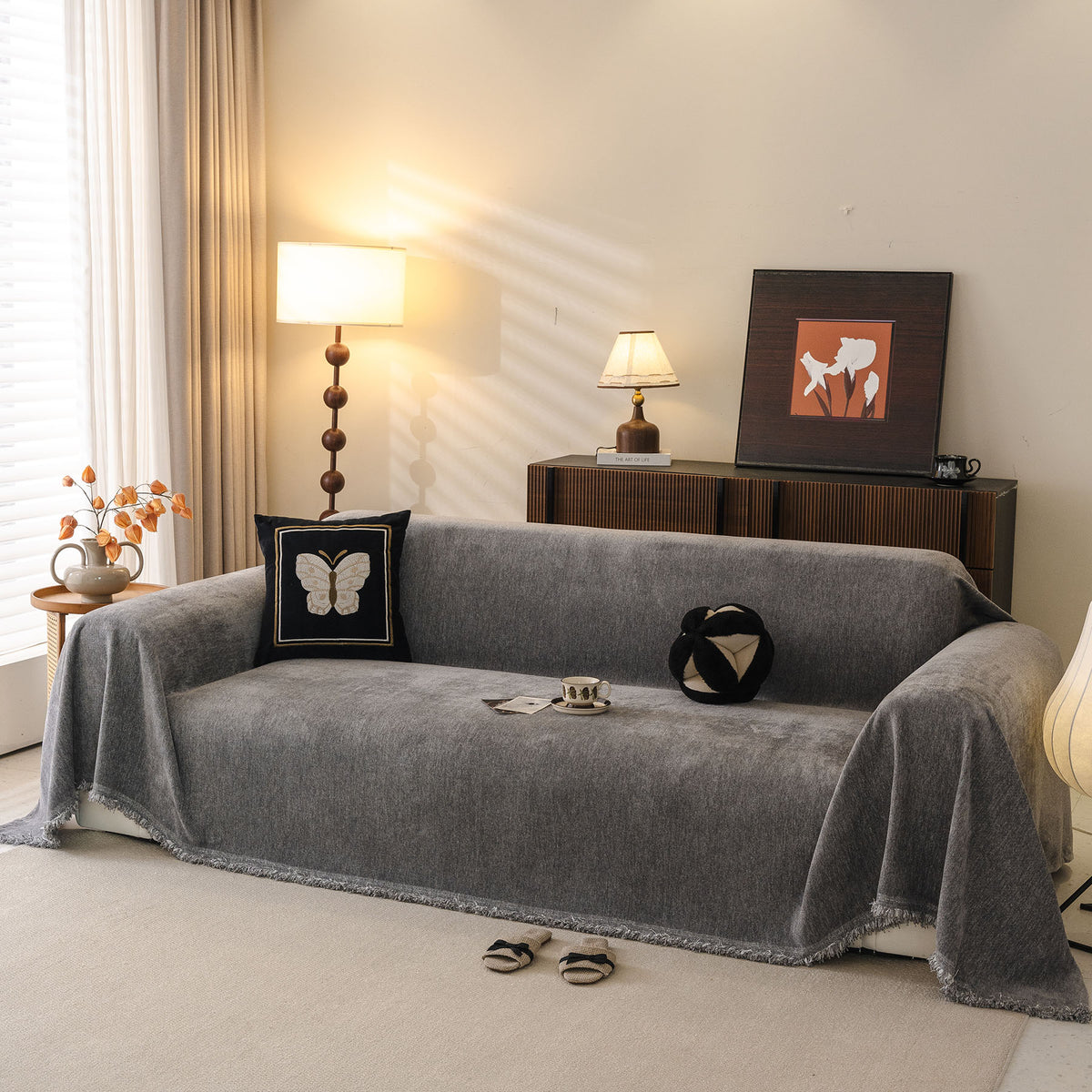 Solid Color Chenille Sofa Throw Cover, Soft Textured Sofa Cover for Sectional L Shape