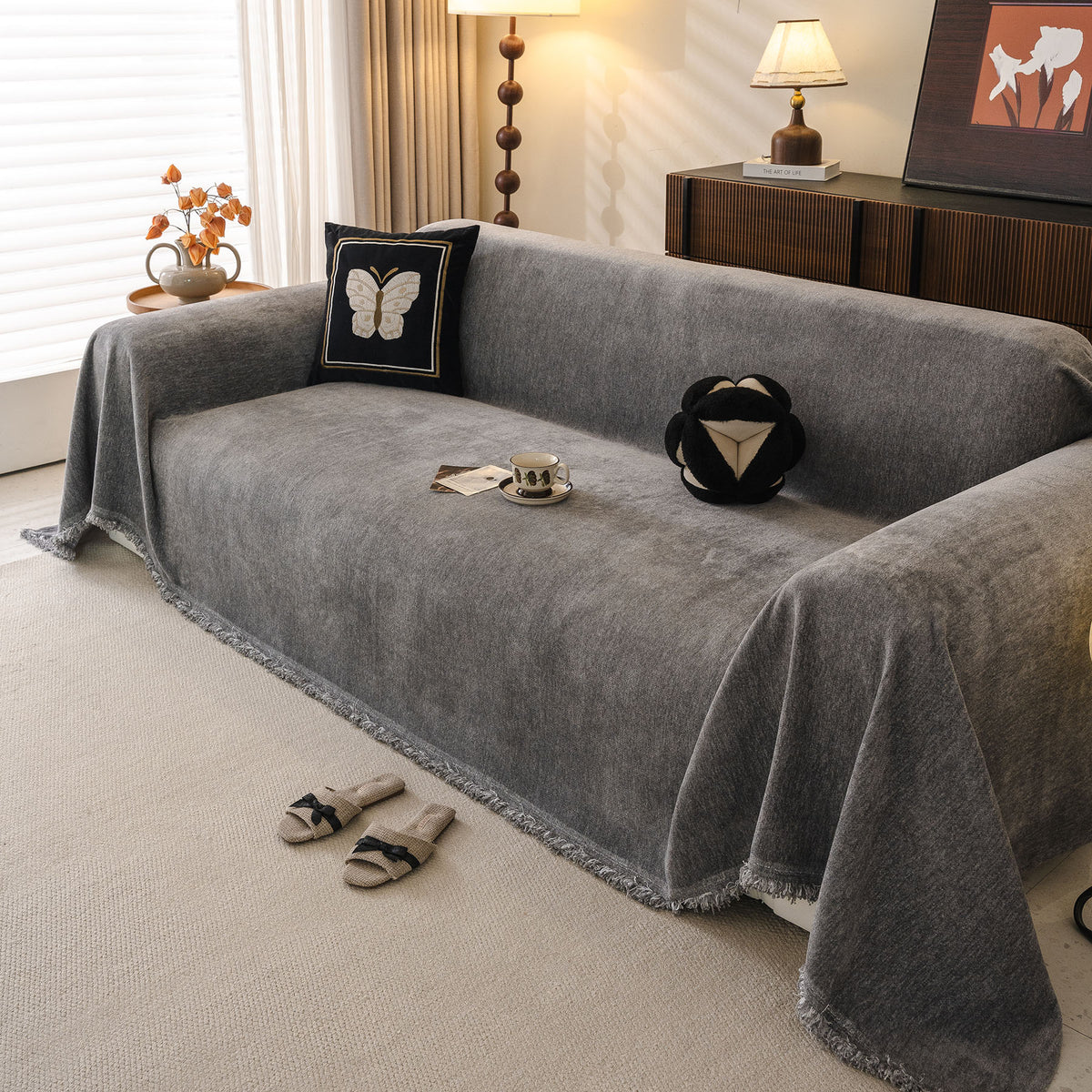 Solid Color Chenille Sofa Throw Cover, Soft Textured Sofa Cover for Sectional L Shape