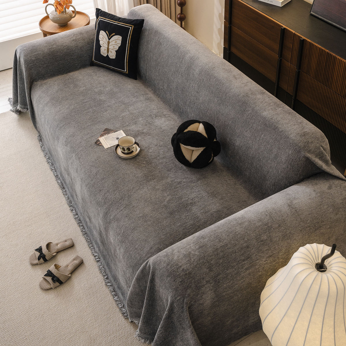 Solid Color Chenille Sofa Throw Cover, Soft Textured Sofa Cover for Sectional L Shape