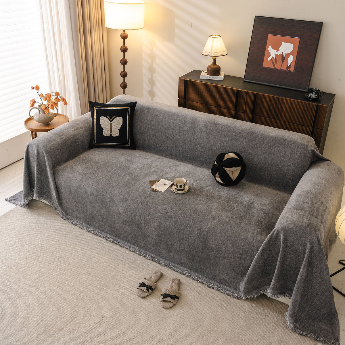 Solid Color Chenille Sofa Throw Cover, Soft Textured Sofa Cover for Sectional L Shape