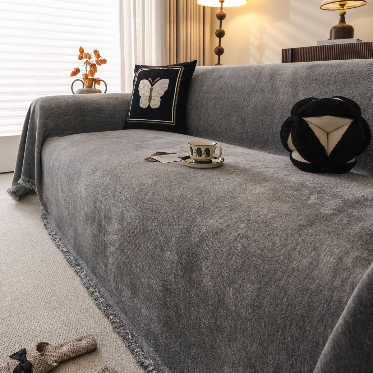 Solid Color Chenille Sofa Throw Cover, Soft Textured Sofa Cover for Sectional L Shape