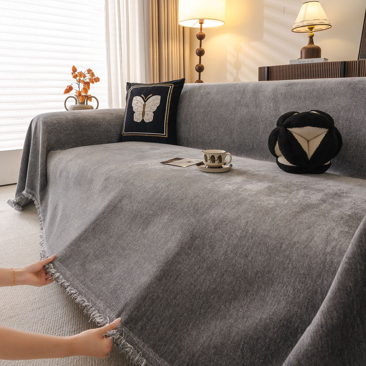 Solid Color Chenille Sofa Throw Cover, Soft Textured Sofa Cover for Sectional L Shape