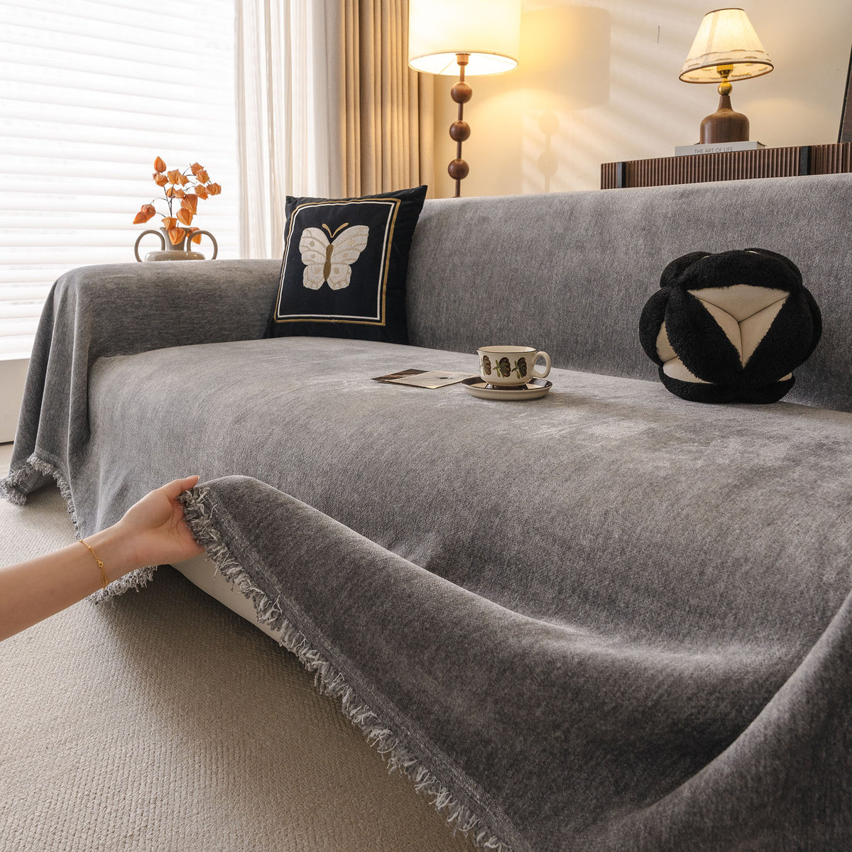 Solid Color Chenille Sofa Throw Cover, Soft Textured Sofa Cover for Sectional L Shape