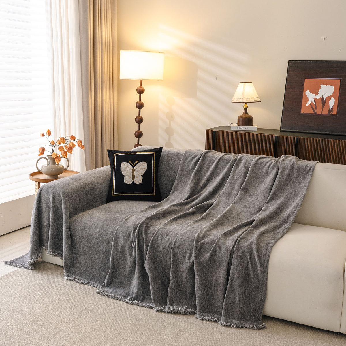 Solid Color Chenille Sofa Throw Cover, Soft Textured Sofa Cover for Sectional L Shape