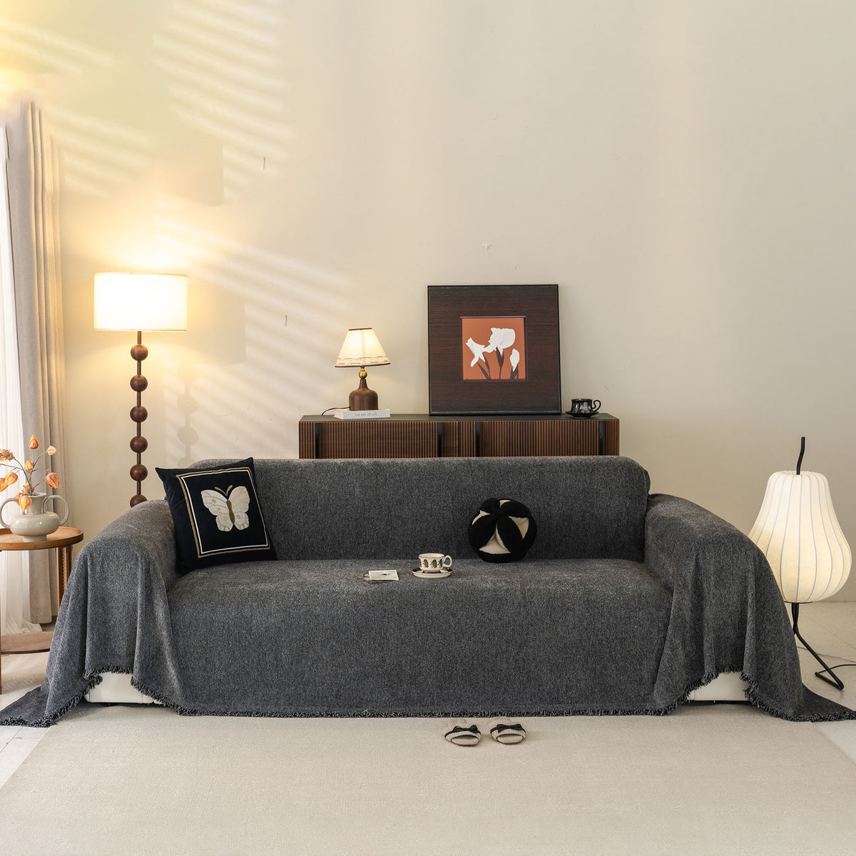 Solid Color Chenille Sofa Throw Cover, Soft Textured Sofa Cover for Sectional L Shape