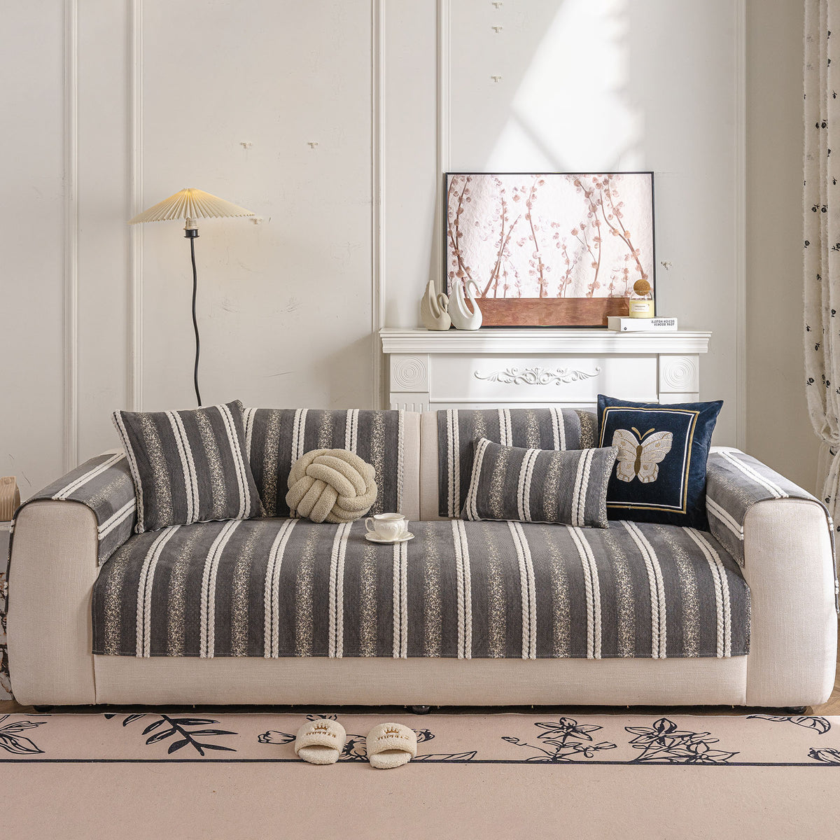 Tufted Stripe Sofa Protector Cover, Textured Non-Slip Couch Cover for Pets & Kids
