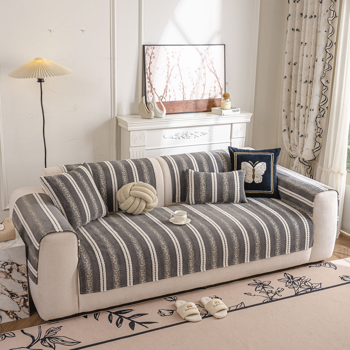 Tufted Stripe Sofa Protector Cover, Textured Non-Slip Couch Cover for Pets & Kids