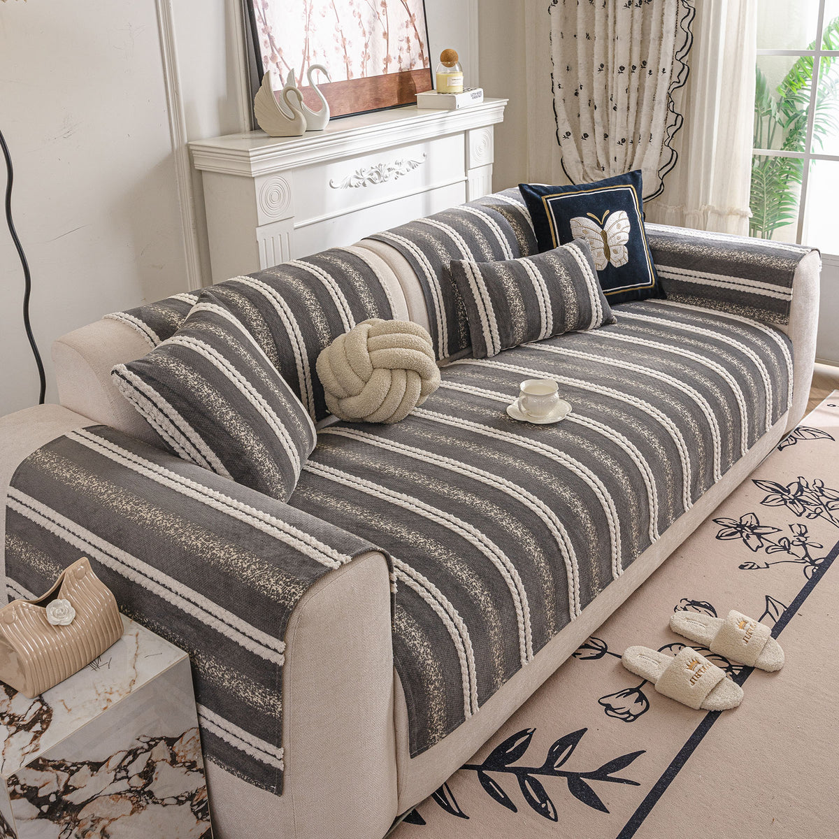 Tufted Stripe Sofa Protector Cover, Textured Non-Slip Couch Cover for Pets & Kids