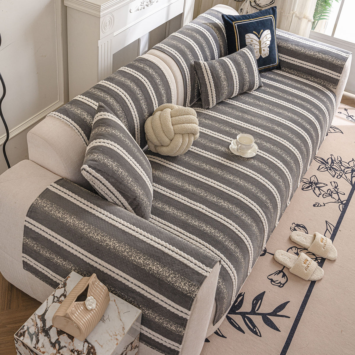 Tufted Stripe Sofa Protector Cover, Textured Non-Slip Couch Cover for Pets & Kids