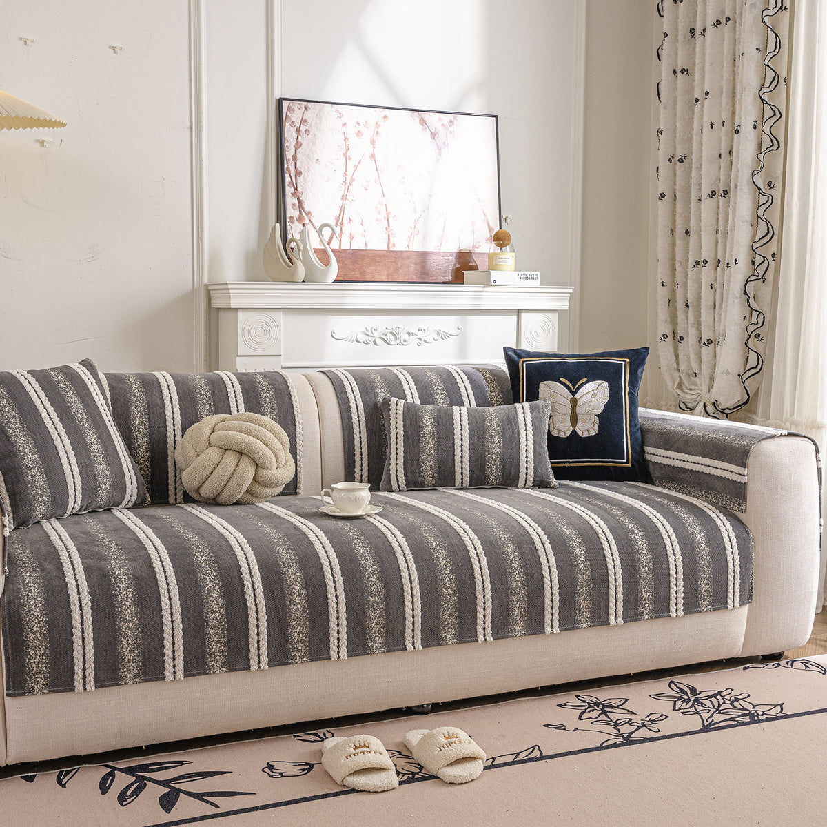 Tufted Stripe Sofa Protector Cover, Textured Non-Slip Couch Cover for Pets & Kids