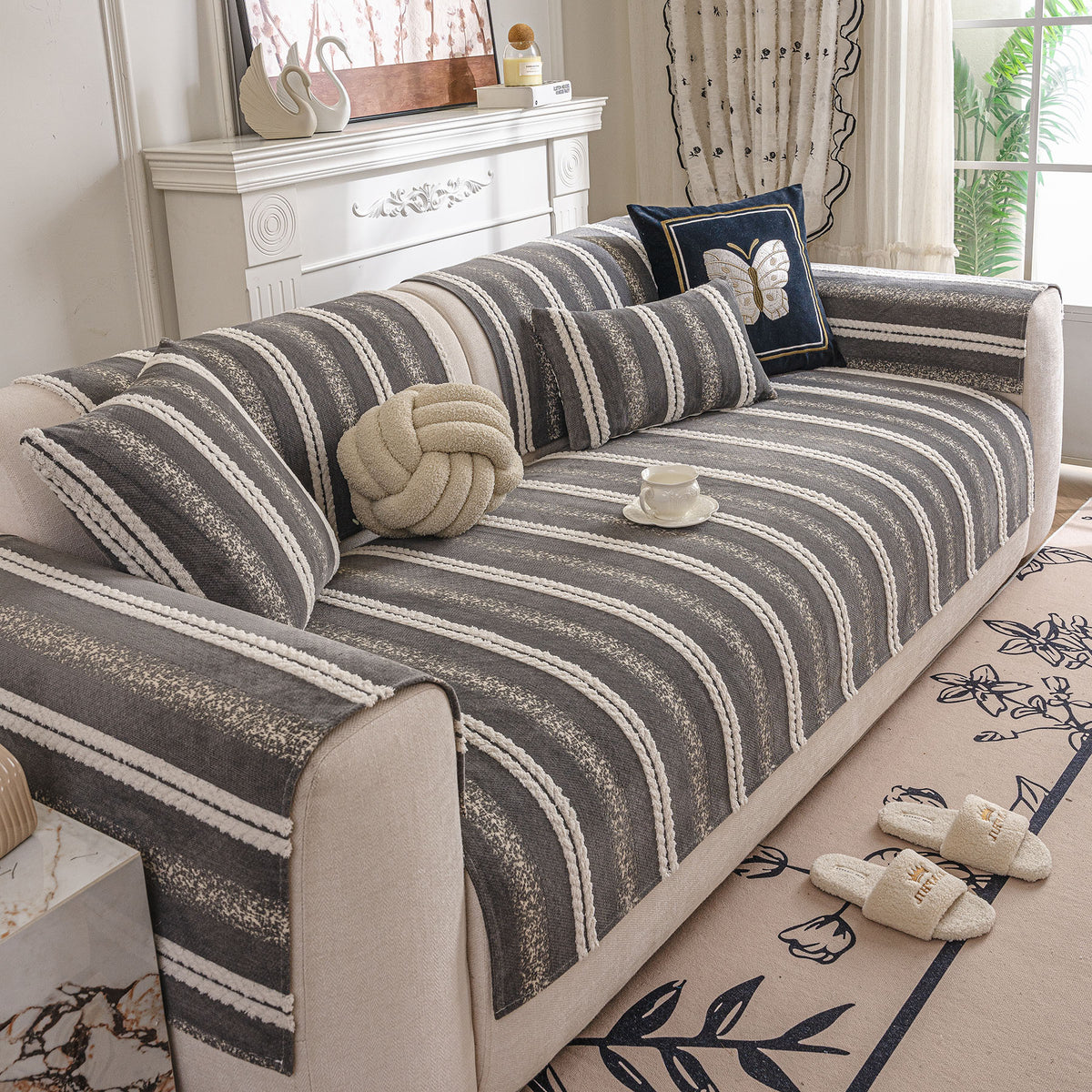 Tufted Stripe Sofa Protector Cover, Textured Non-Slip Couch Cover for Pets & Kids