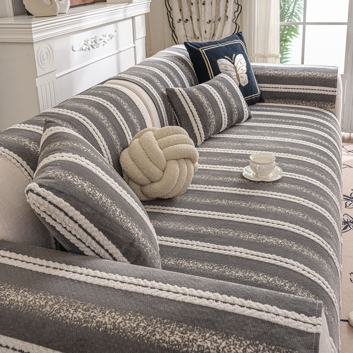 Tufted Stripe Sofa Protector Cover, Textured Non-Slip Couch Cover for Pets & Kids