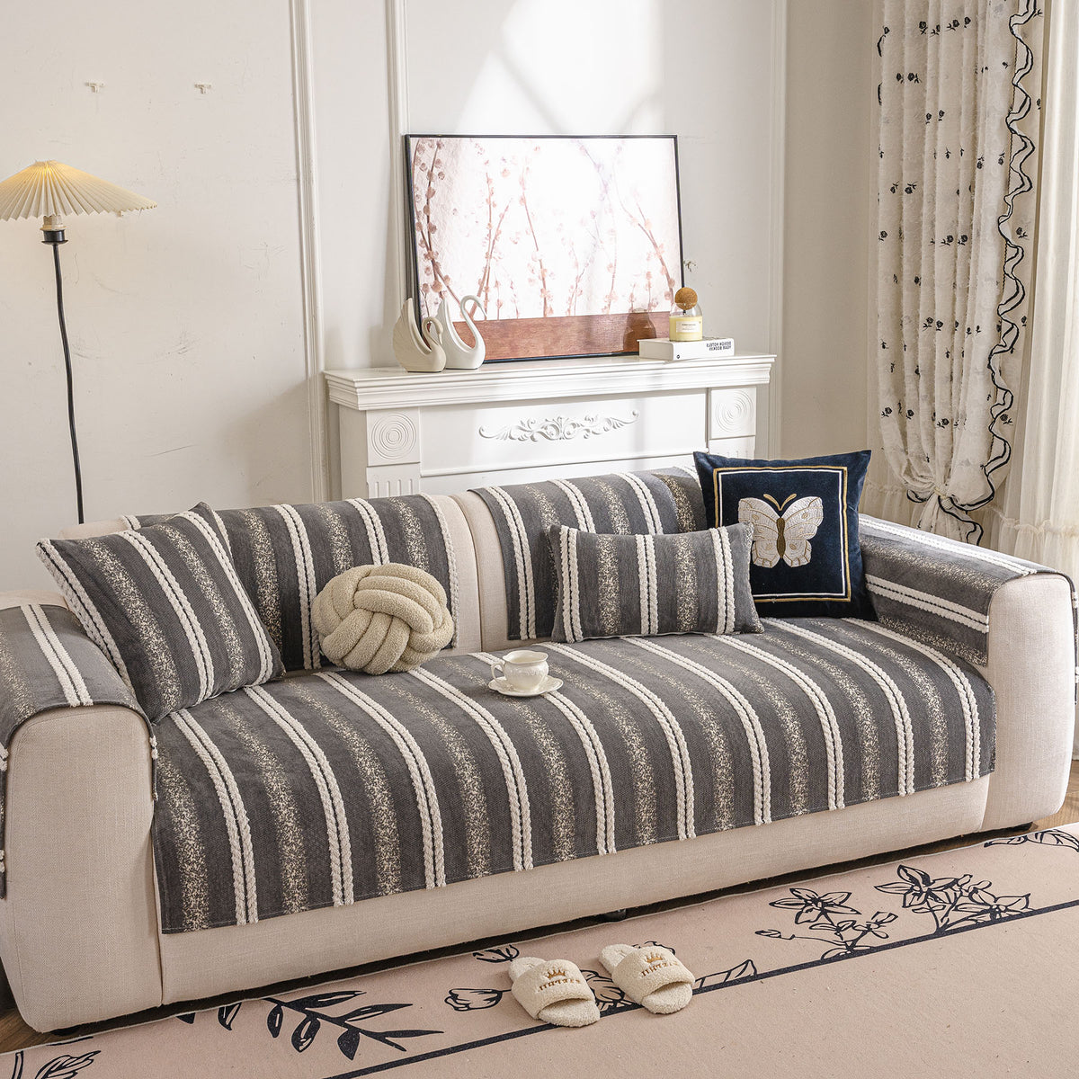 Tufted Stripe Sofa Protector Cover, Textured Non-Slip Couch Cover for Pets & Kids