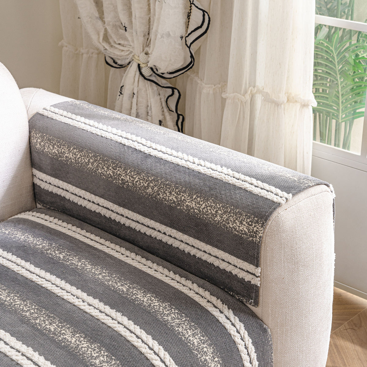 Tufted Stripe Sofa Protector Cover, Textured Non-Slip Couch Cover for Pets & Kids