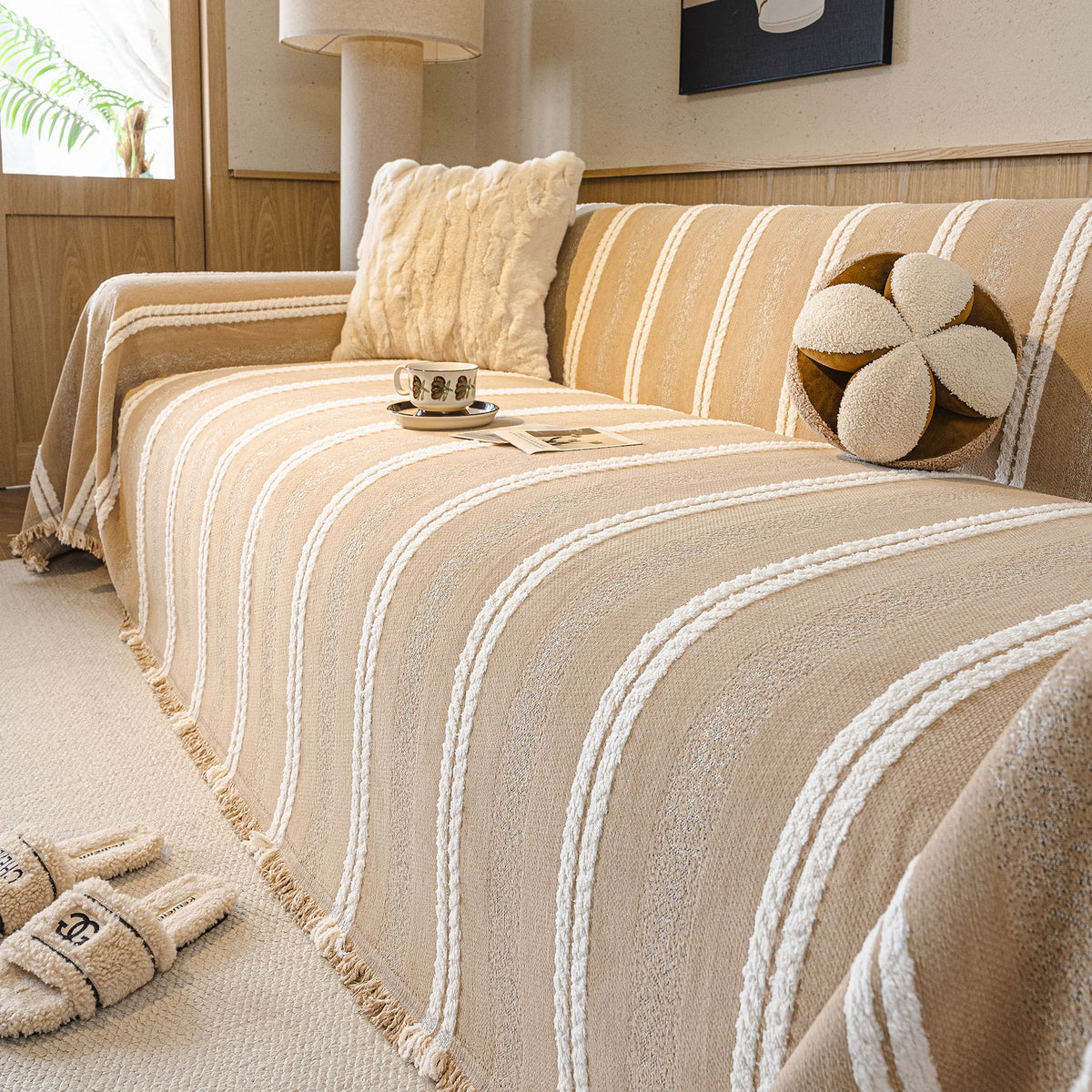 Boho Farmhouse Rustic Striped Sofa Throw Cover, Raised Textured Furniture Couch Cover