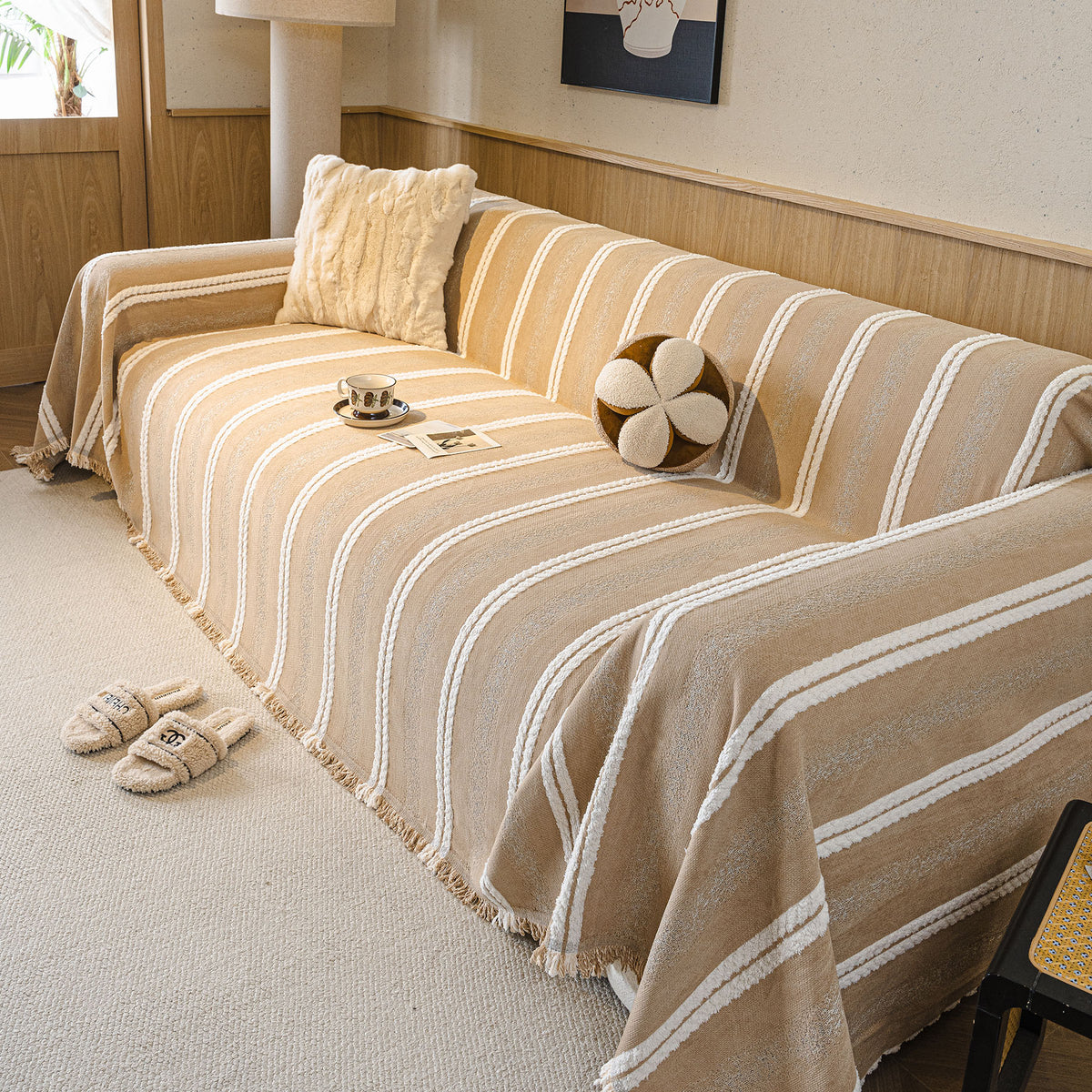 Boho Farmhouse Rustic Striped Sofa Throw Cover, Raised Textured Furniture Couch Cover