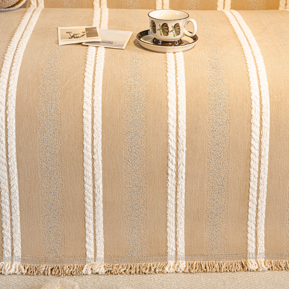 Boho Farmhouse Rustic Striped Sofa Throw Cover, Raised Textured Furniture Couch Cover