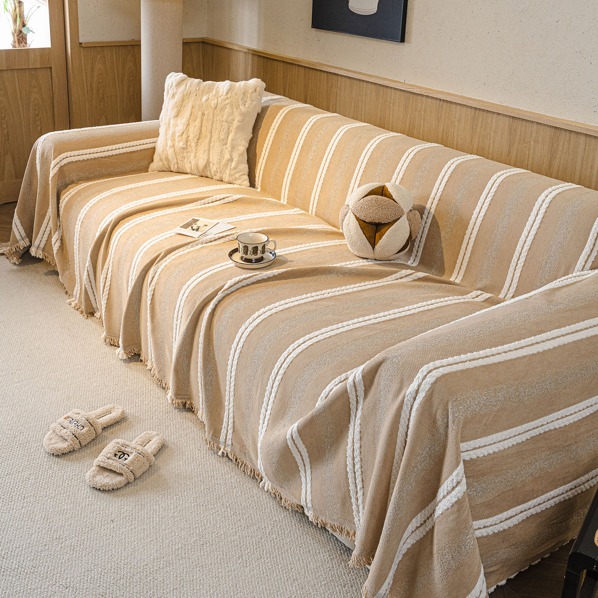 Boho Farmhouse Rustic Striped Sofa Throw Cover, Raised Textured Furniture Couch Cover