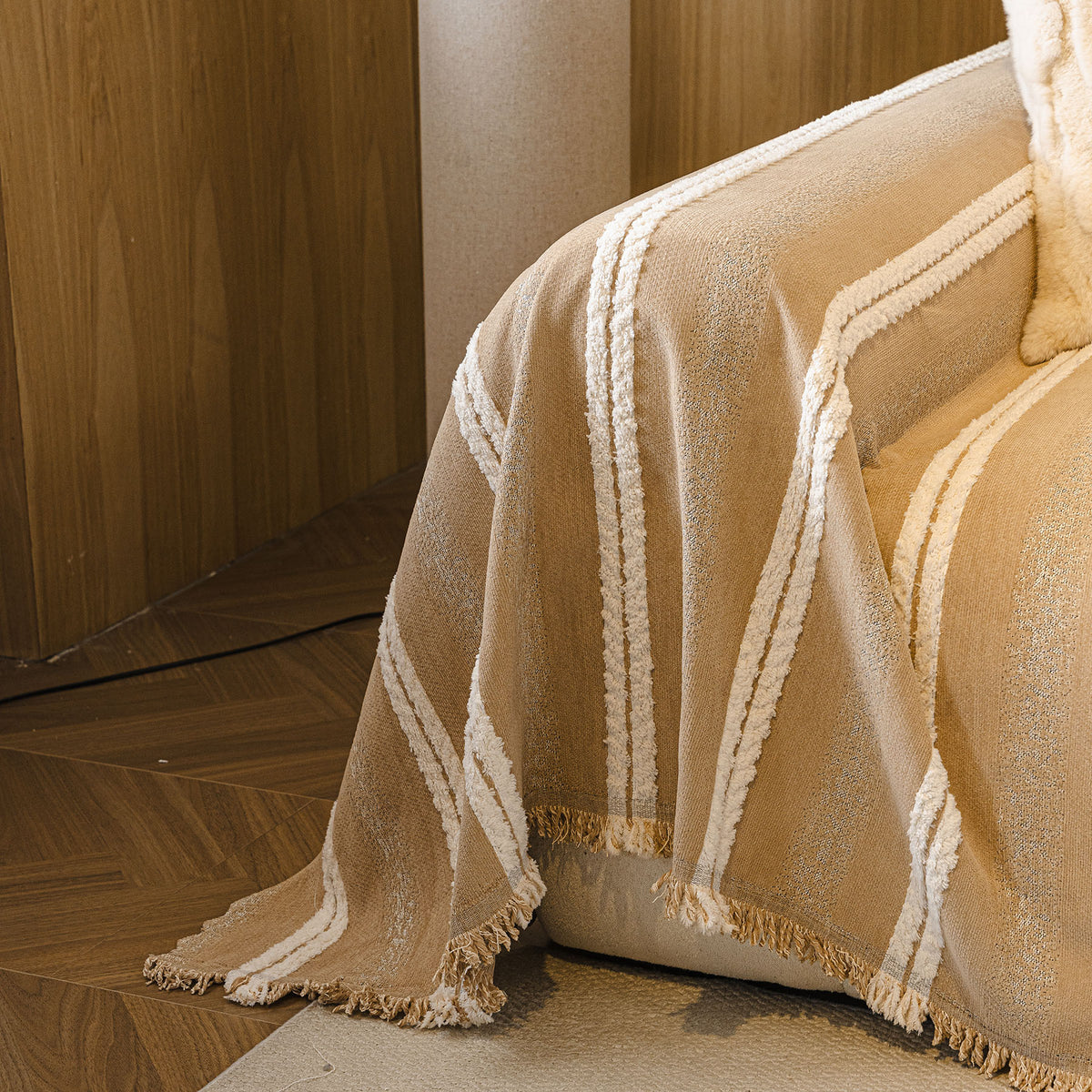 Boho Farmhouse Rustic Striped Sofa Throw Cover, Raised Textured Furniture Couch Cover