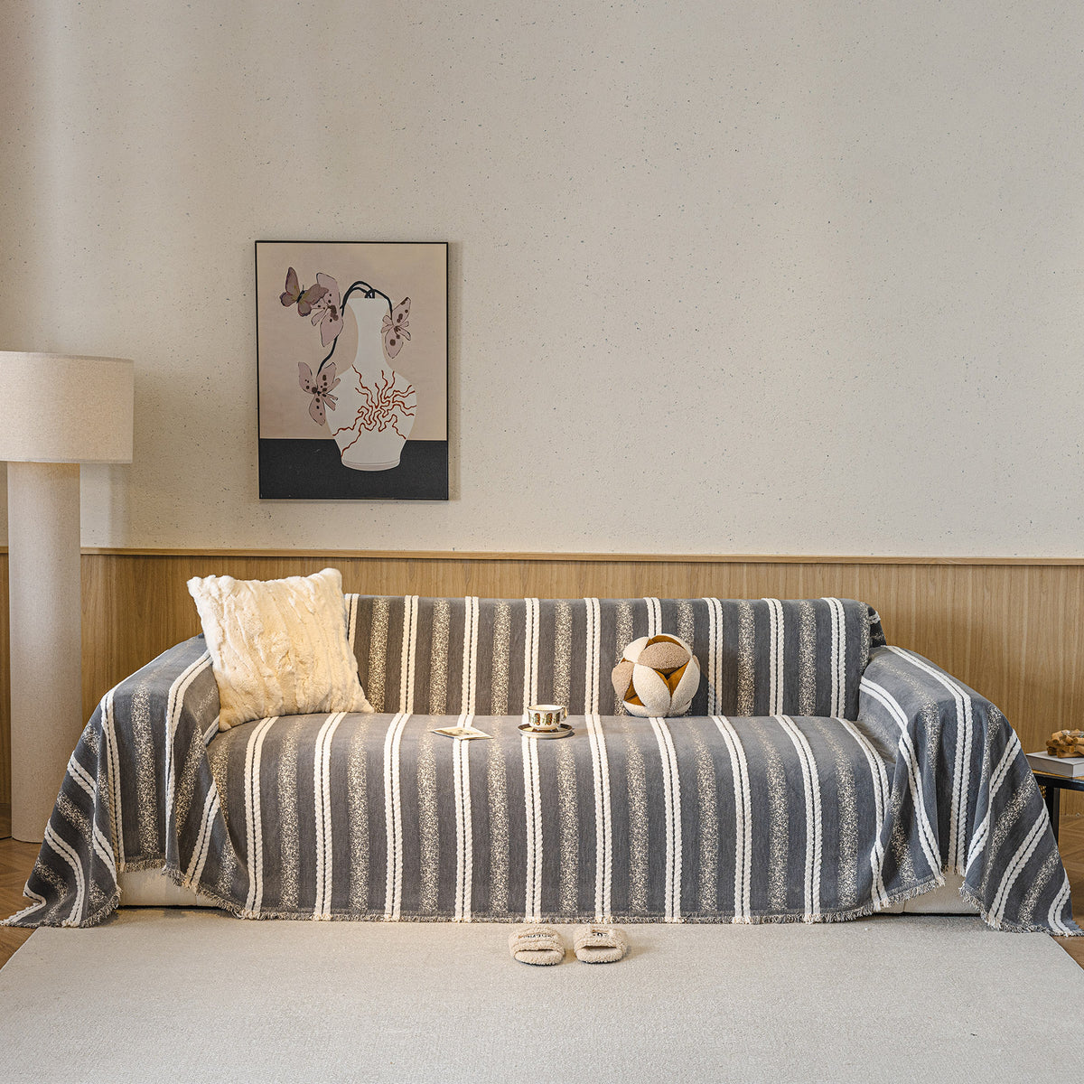 Boho Farmhouse Rustic Striped Sofa Throw Cover, Raised Textured Furniture Couch Cover