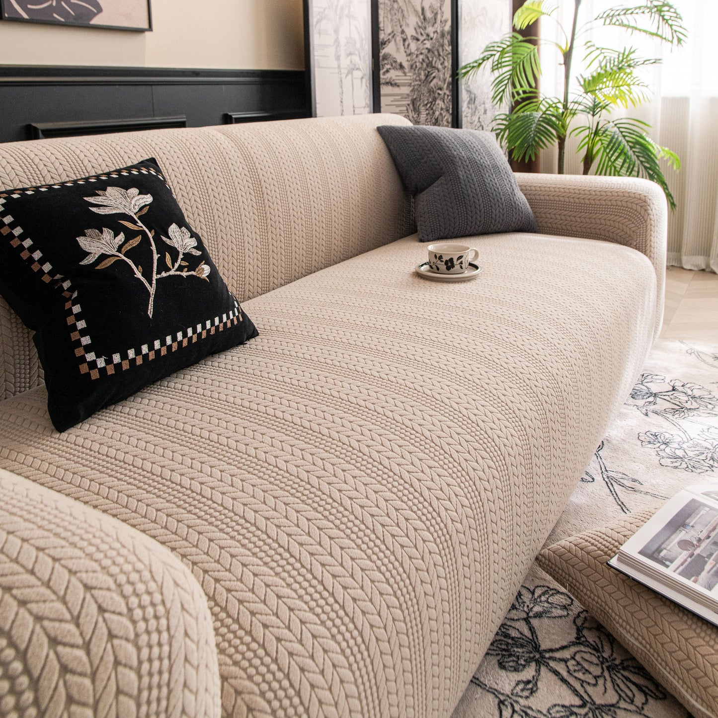 High Stretch Wheat Ear Embossed Textured Couch Slipcover, Water Repellent Sofa Cover