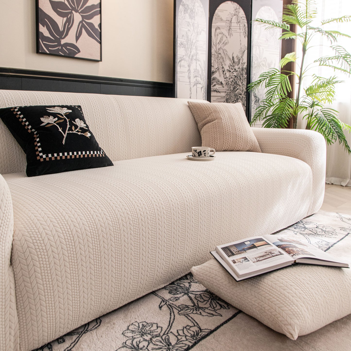 High Stretch Wheat Ear Embossed Textured Couch Slipcover, Water Repellent Sofa Cover