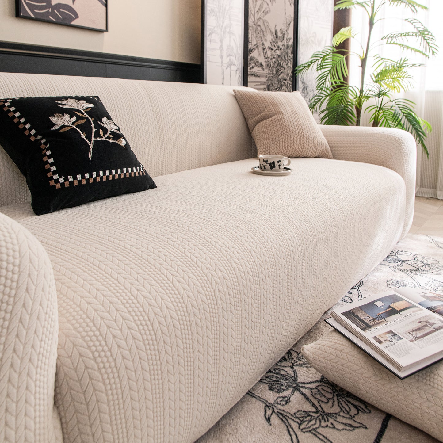 High Stretch Wheat Ear Embossed Textured Couch Slipcover, Water Repellent Sofa Cover