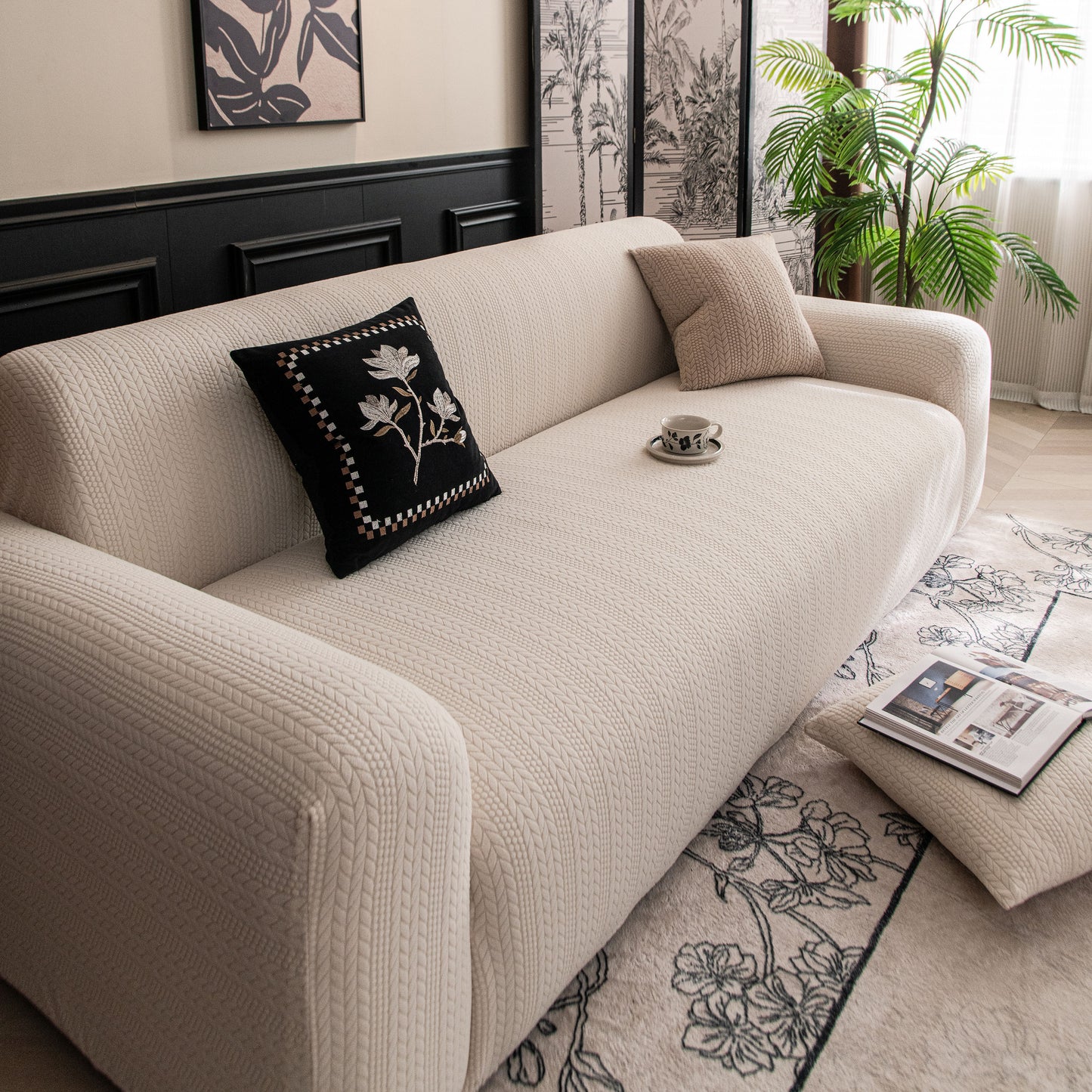 High Stretch Wheat Ear Embossed Textured Couch Slipcover, Water Repellent Sofa Cover