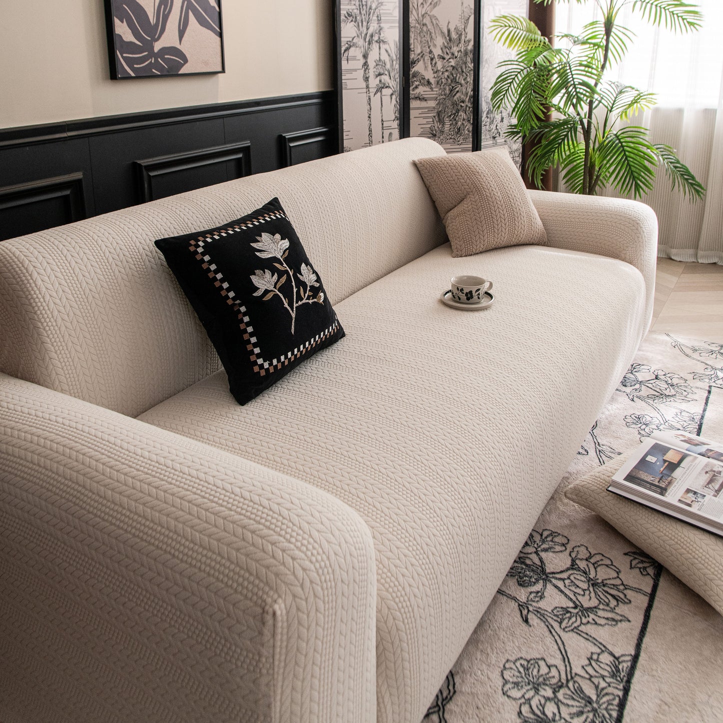 High Stretch Wheat Ear Embossed Textured Couch Slipcover, Water Repellent Sofa Cover