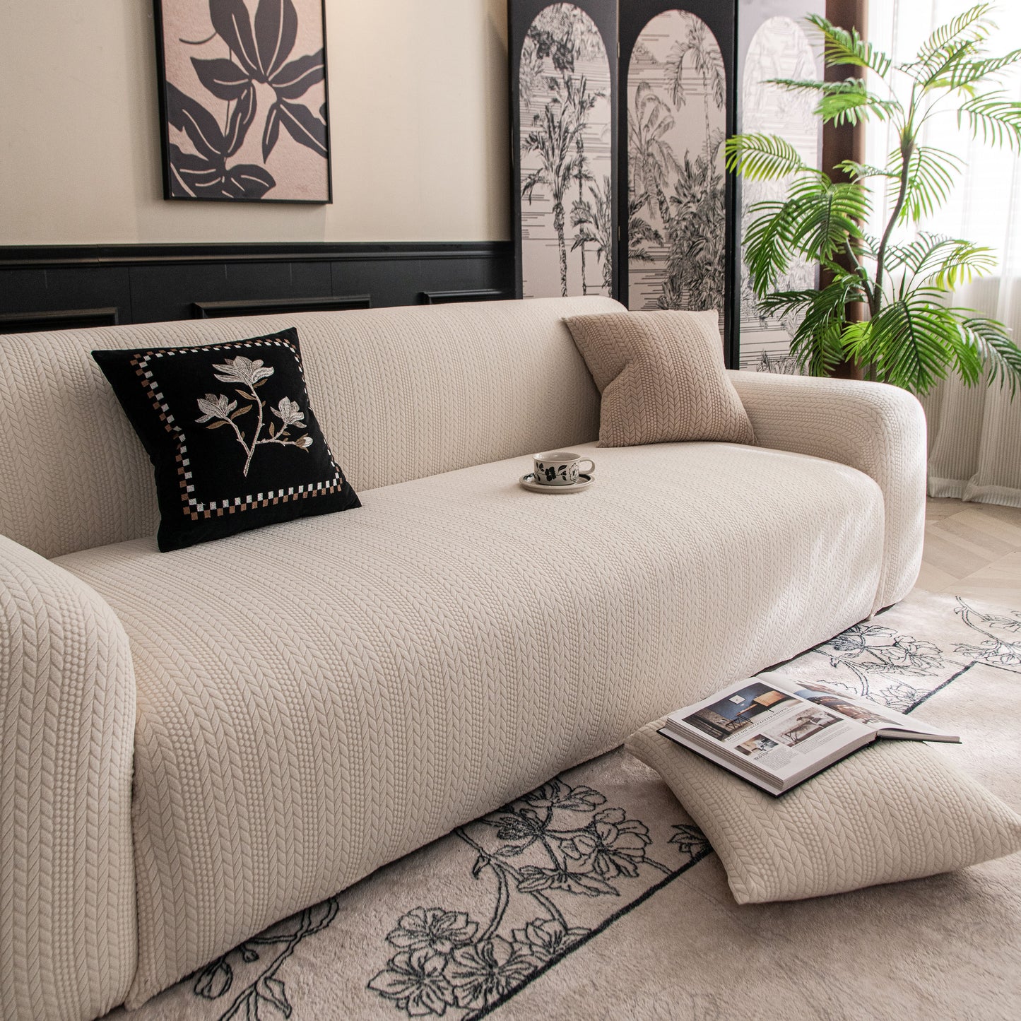 High Stretch Wheat Ear Embossed Textured Couch Slipcover, Water Repellent Sofa Cover