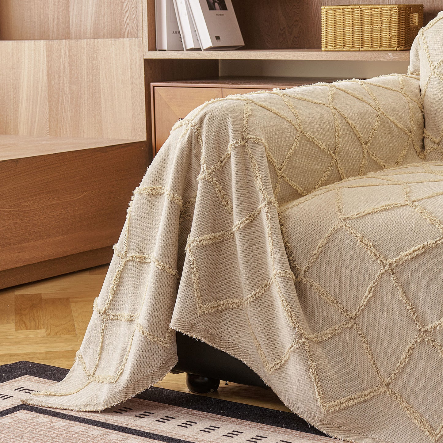 Soft Chenille Sofa Throw Cover, Raised Geometric Texture Furniture Protector Blanket