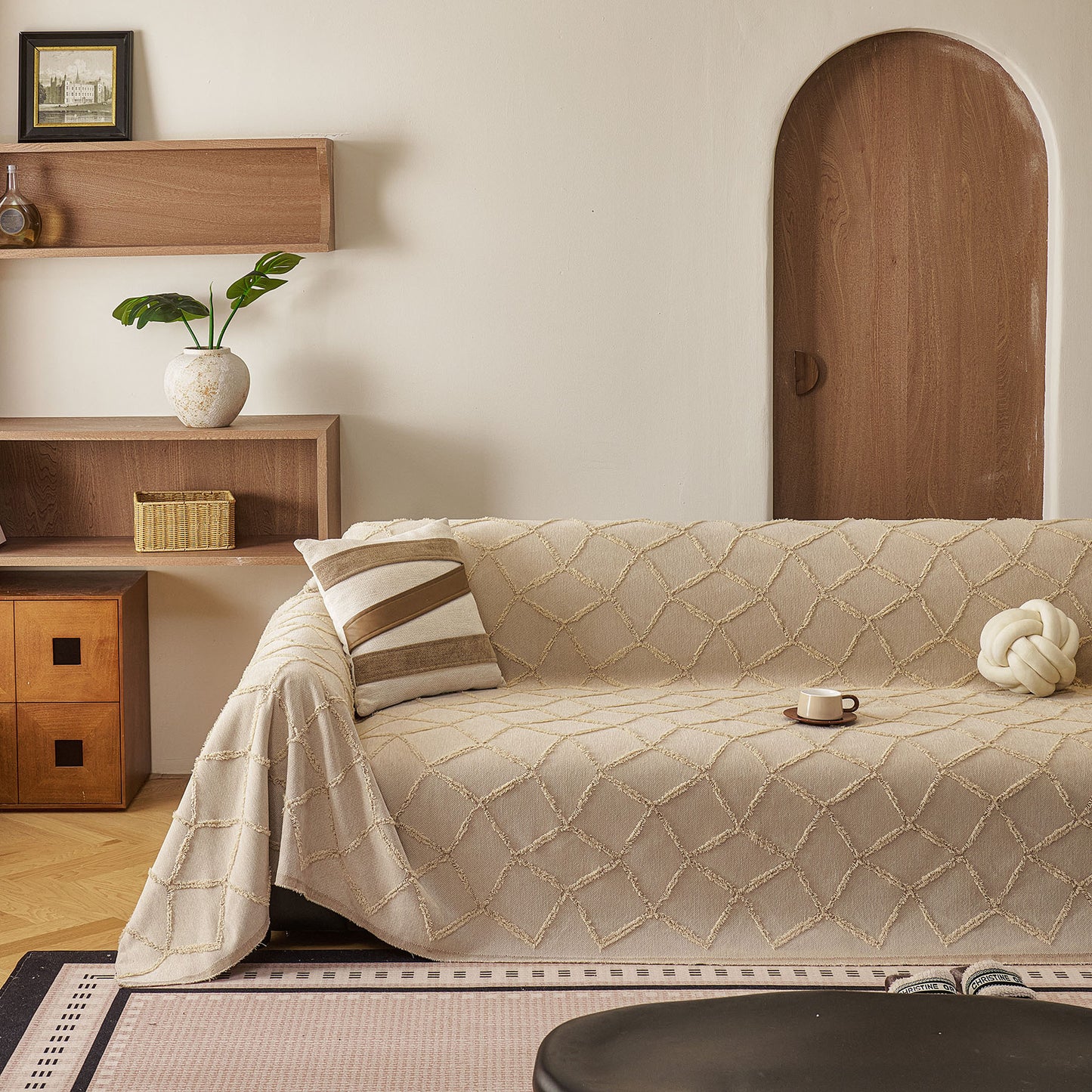 Soft Chenille Sofa Throw Cover, Raised Geometric Texture Furniture Protector Blanket