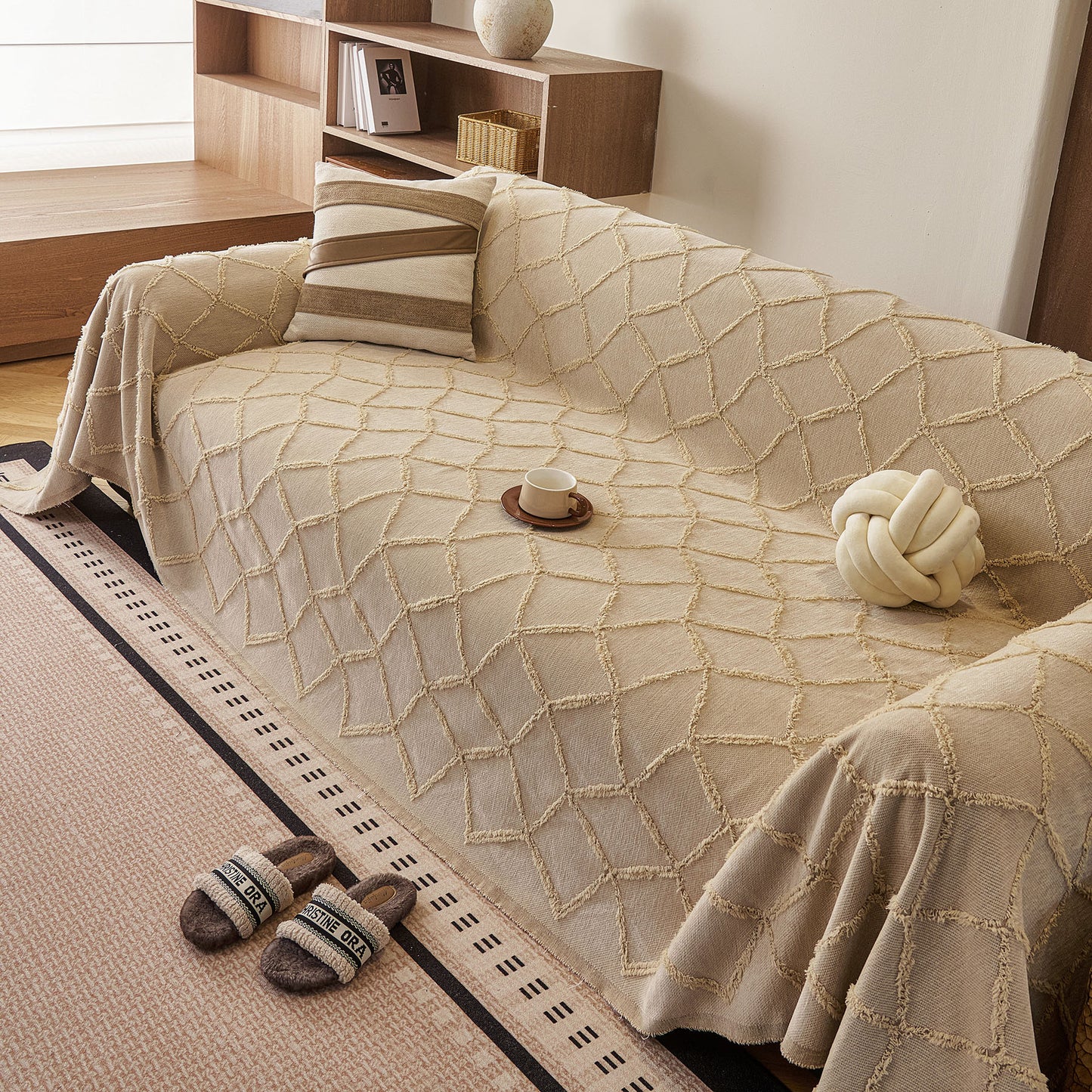 Soft Chenille Sofa Throw Cover, Raised Geometric Texture Furniture Protector Blanket
