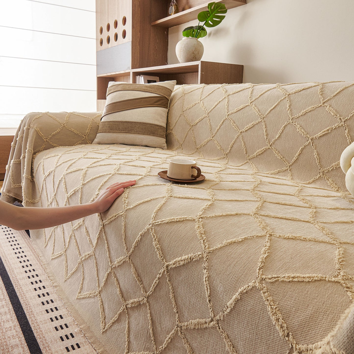 Soft Chenille Sofa Throw Cover, Raised Geometric Texture Furniture Protector Blanket