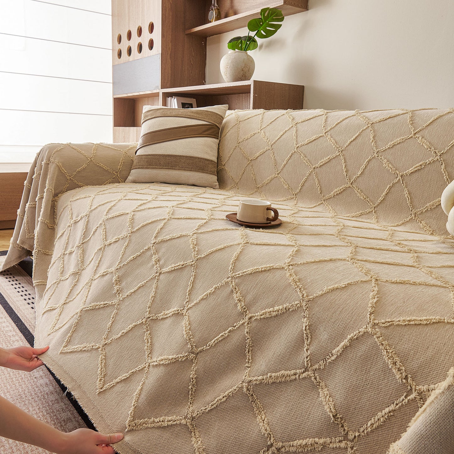 Soft Chenille Sofa Throw Cover, Raised Geometric Texture Furniture Protector Blanket