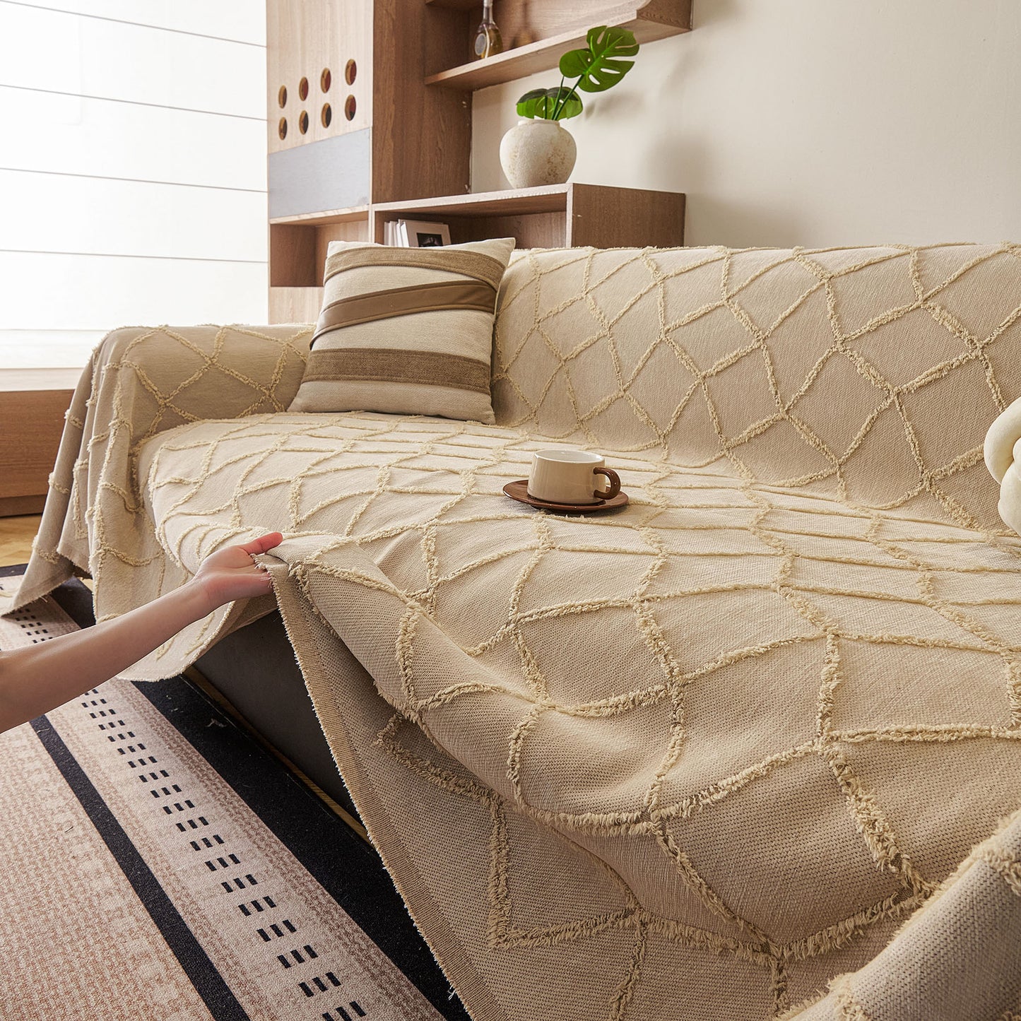 Soft Chenille Sofa Throw Cover, Raised Geometric Texture Furniture Protector Blanket