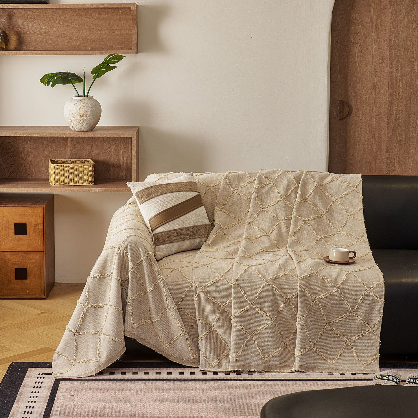 Soft Chenille Sofa Throw Cover, Raised Geometric Texture Furniture Protector Blanket