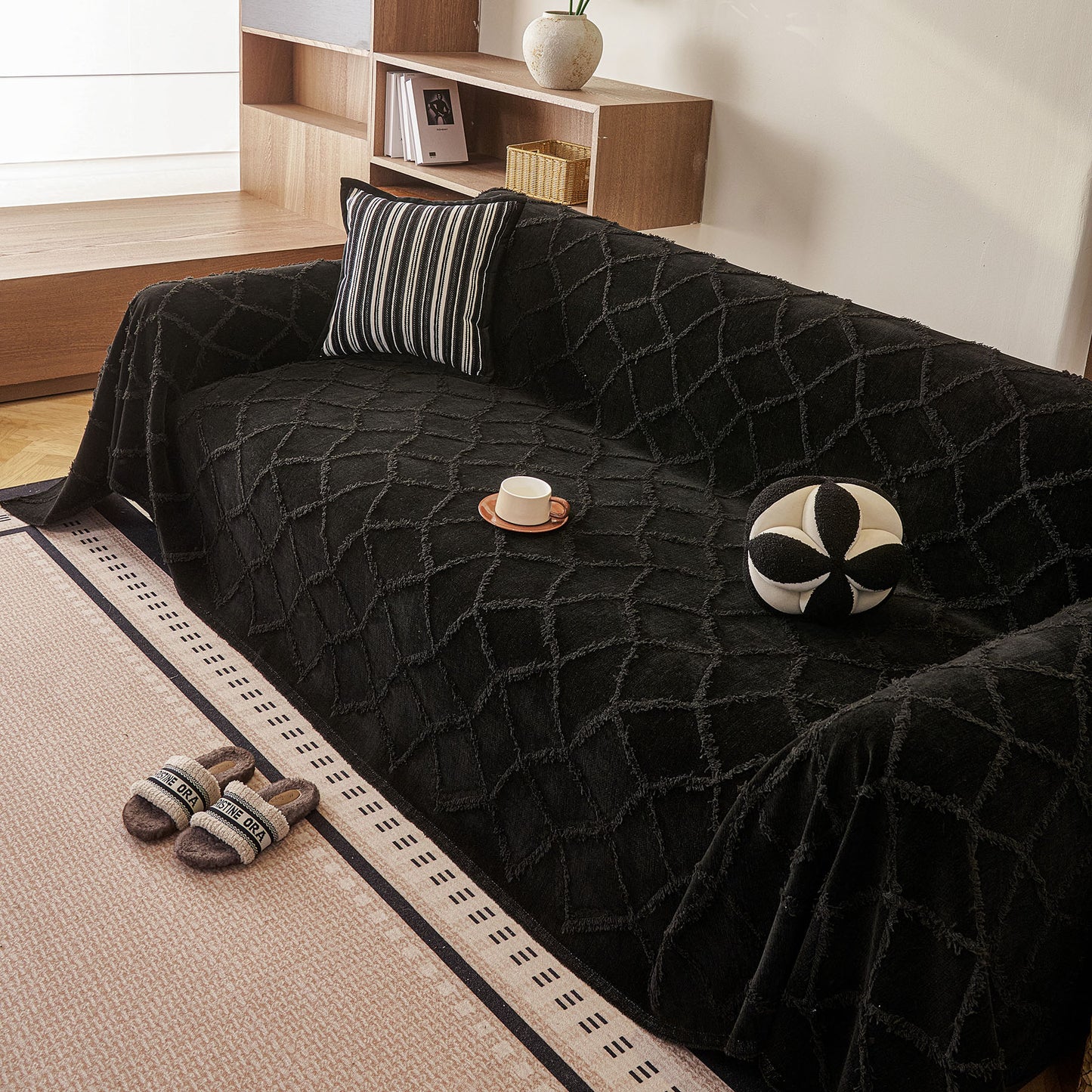 Soft Chenille Sofa Throw Cover, Raised Geometric Texture Furniture Protector Blanket