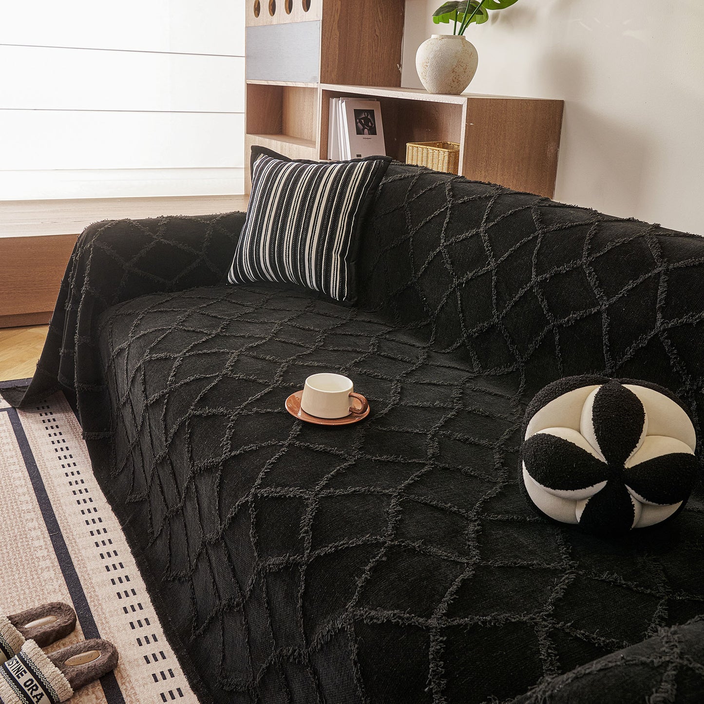 Soft Chenille Sofa Throw Cover, Raised Geometric Texture Furniture Protector Blanket