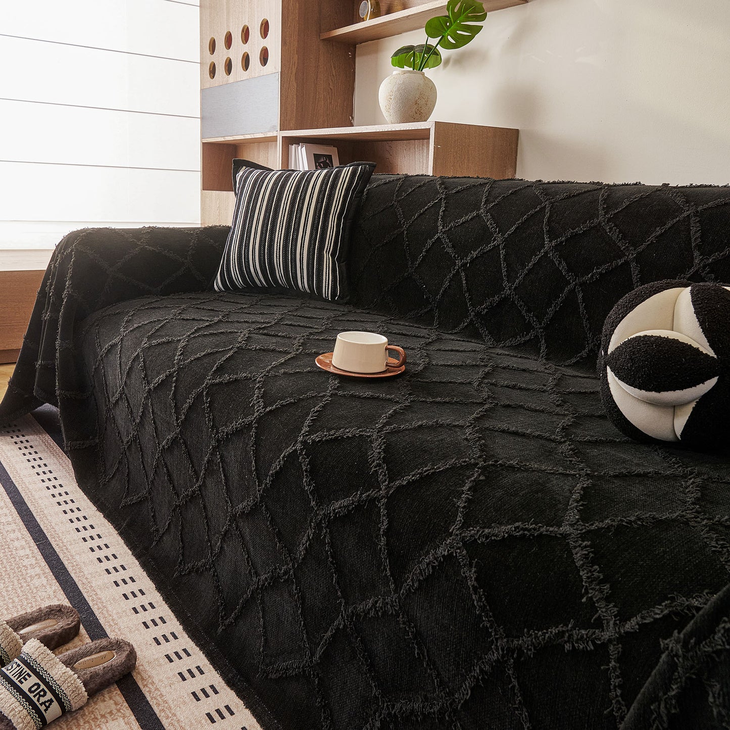 Soft Chenille Sofa Throw Cover, Raised Geometric Texture Furniture Protector Blanket