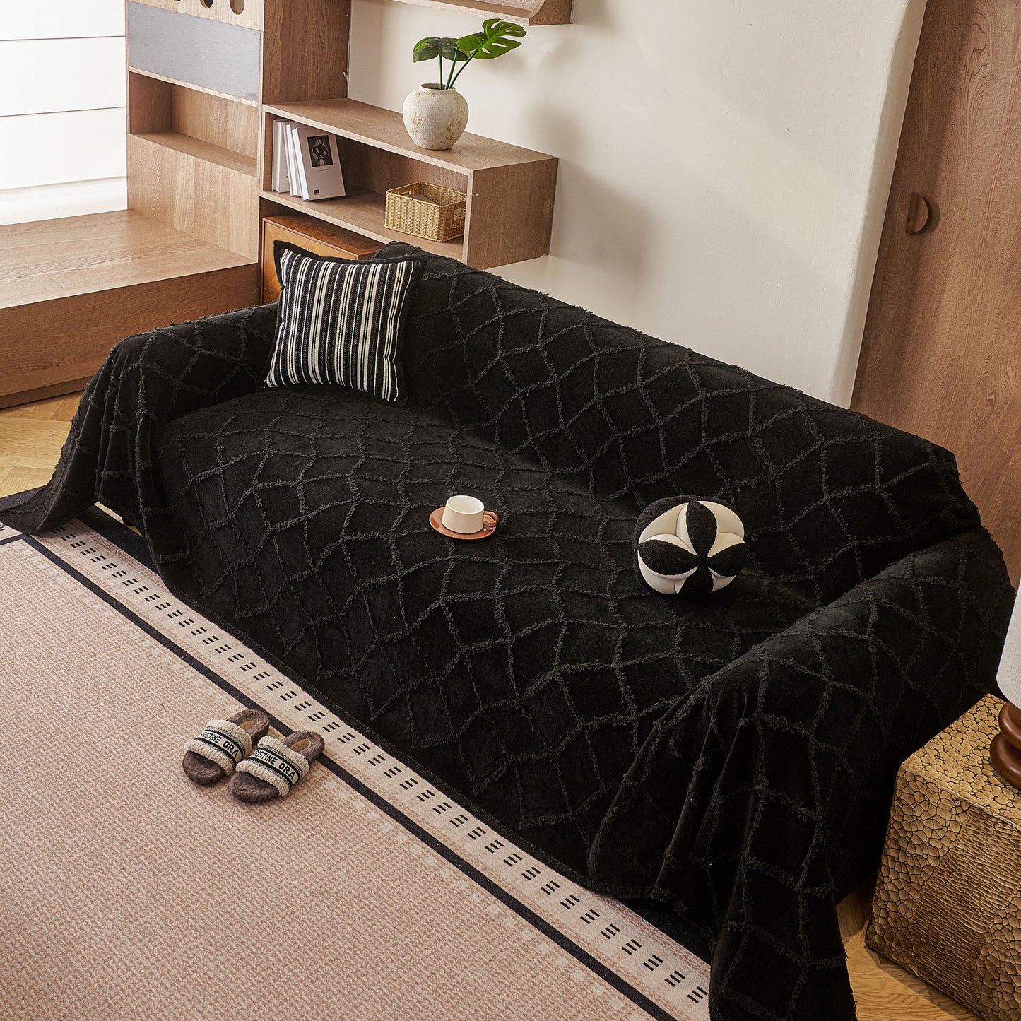 Soft Chenille Sofa Throw Cover, Raised Geometric Texture Furniture Protector Blanket