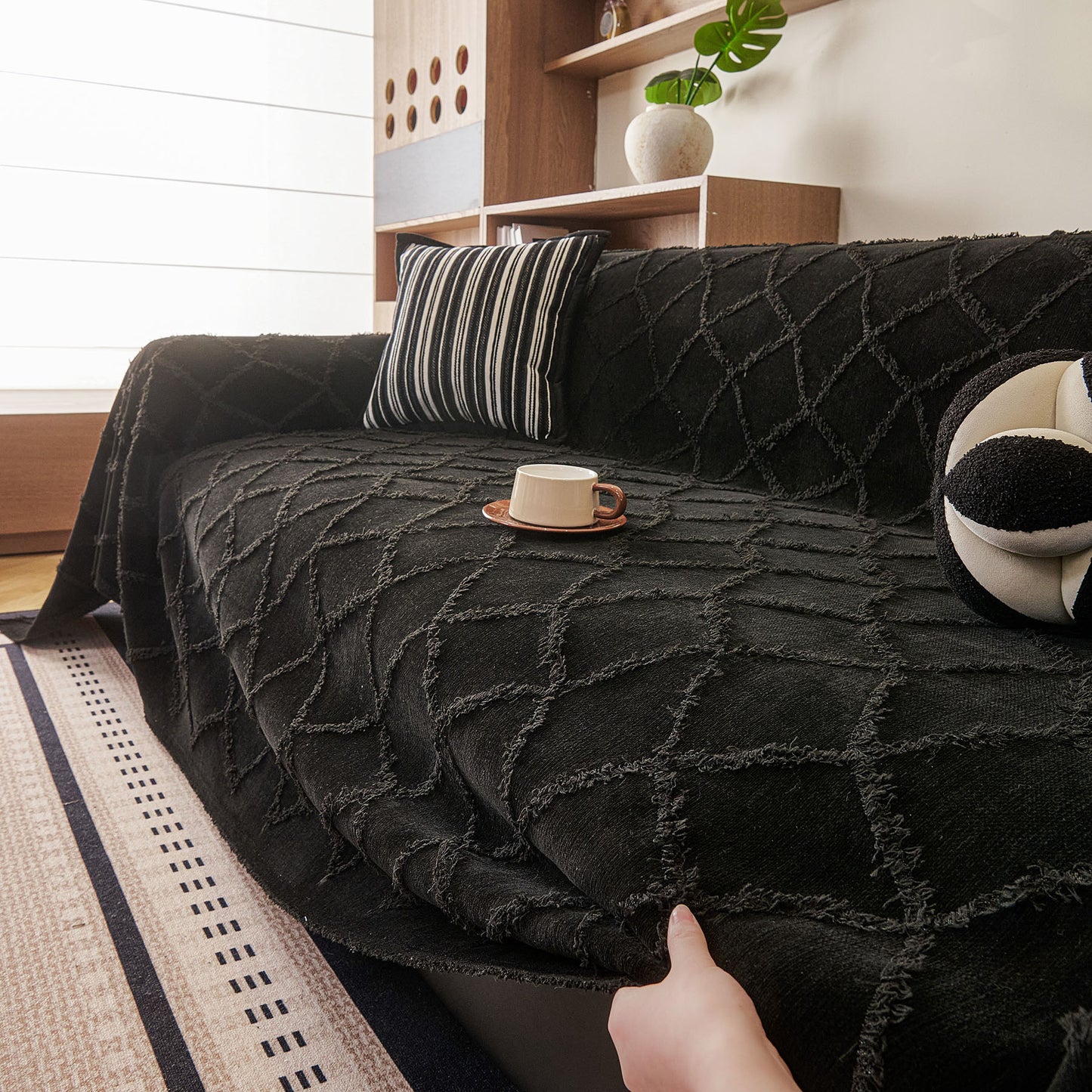 Soft Chenille Sofa Throw Cover, Raised Geometric Texture Furniture Protector Blanket